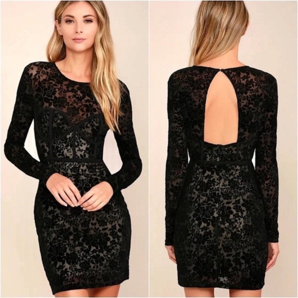 Lulus cor-set to go black velvet burnout long sleeve dress.